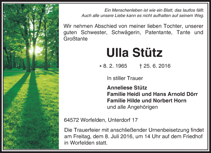  Traueranzeige für Ulla Stütz vom 05.07.2016 aus Trauerportal Echo Online