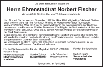 Traueranzeige von Norbert Fischer von  WK-UTA/Aar-Bote