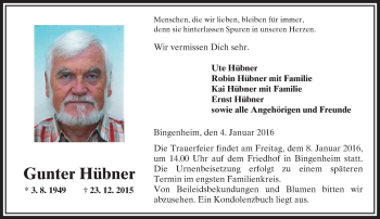 Traueranzeige von Gunter Hübner von  Kreisanzeiger