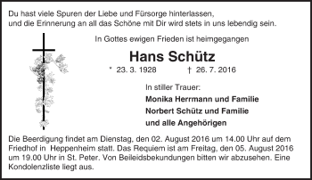 Traueranzeige von Hans Schütz von Trauerportal Echo Online