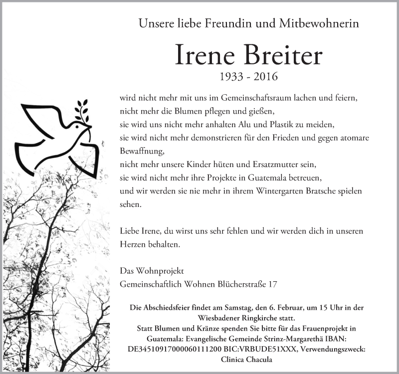  Traueranzeige für Irene Breiter vom 30.01.2016 aus  Wiesbaden komplett