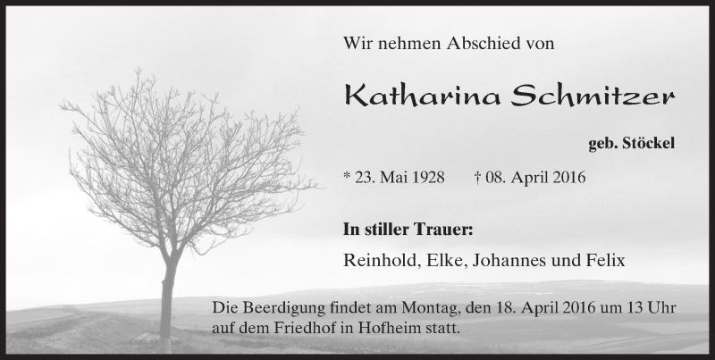  Traueranzeige für Katharina Schmitzer vom 14.04.2016 aus  Bürstädter Zeitung