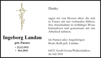 Traueranzeige von Ingeborg Landau von Trauerportal Echo Online
