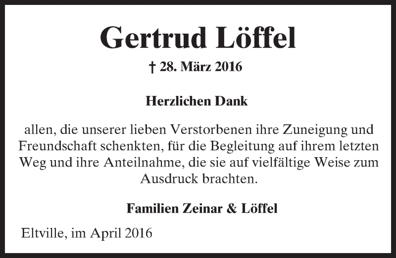  Traueranzeige für Gertrud Löffel vom 23.04.2016 aus  Wiesbaden komplett