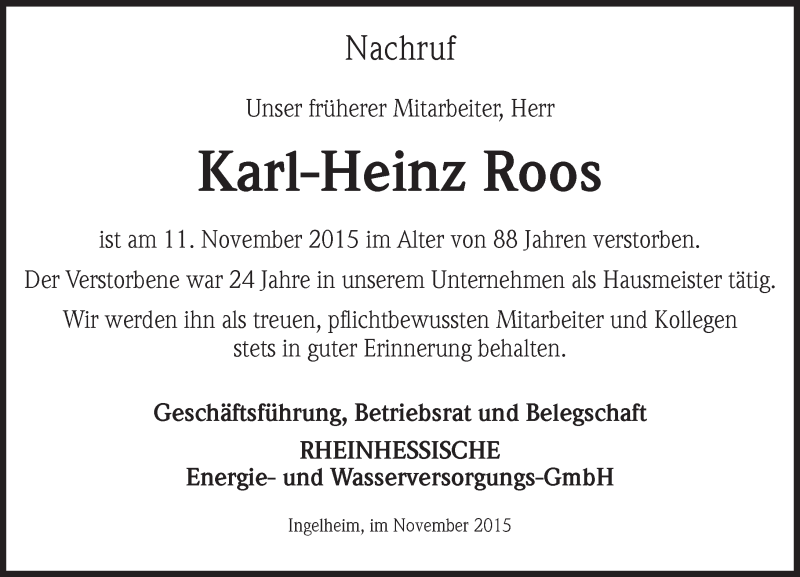  Traueranzeige für Karl-Heinz Roos vom 21.11.2015 aus  Allgemeine  Zeitung Ingelheim-Bingen