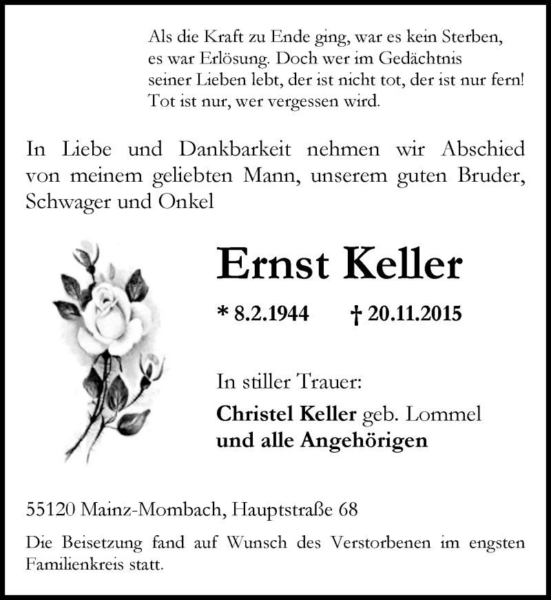  Traueranzeige für Ernst Keller vom 05.12.2015 aus  Allgemeine Zeitung Mainz