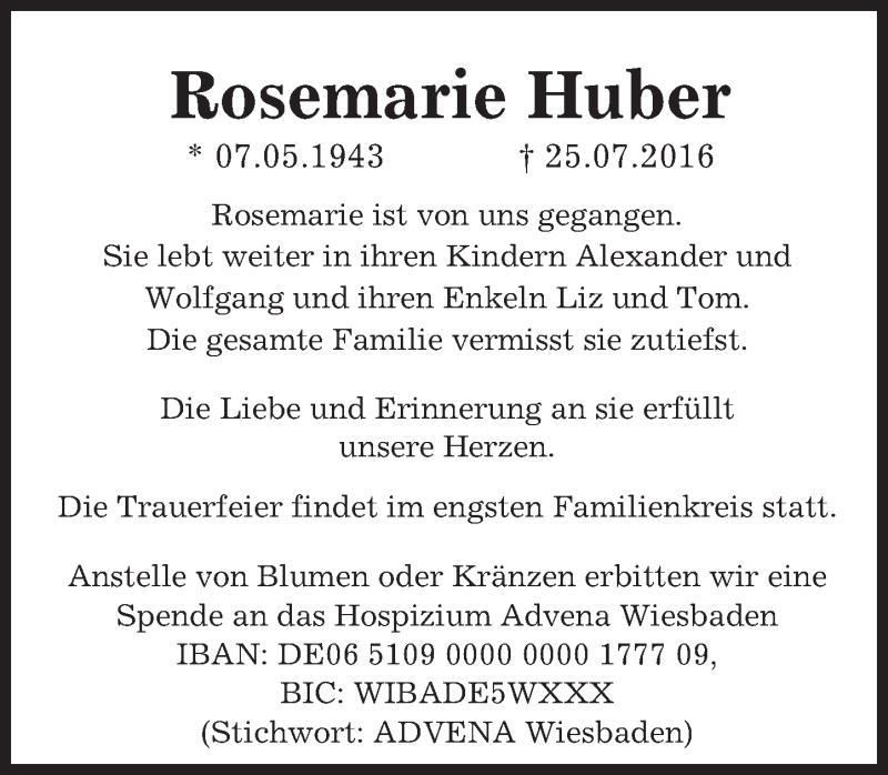  Traueranzeige für Rosemarie Huber vom 29.07.2016 aus Trauerportal Rhein Main Presse