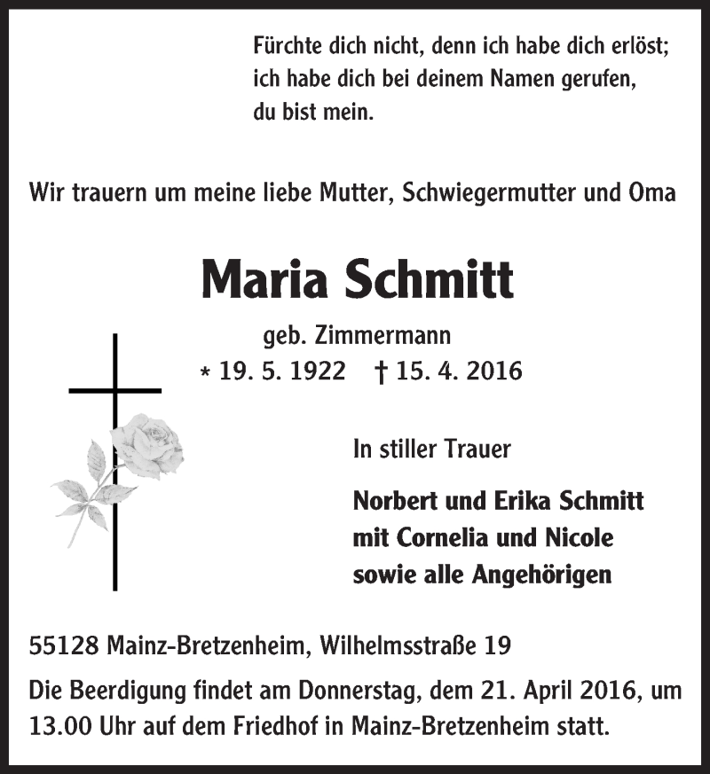  Traueranzeige für Maria Schmitt vom 19.04.2016 aus  Allgemeine Zeitung Mainz