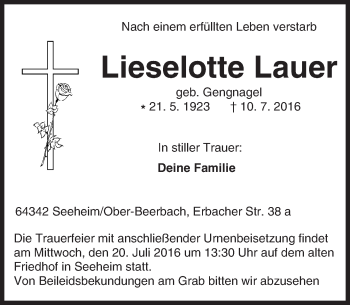 Traueranzeige von Lieselotte Lauer von Trauerportal Echo Online