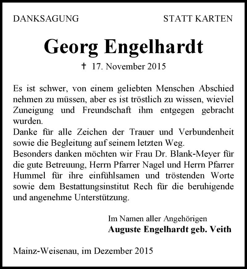  Traueranzeige für Georg Engelhardt vom 12.12.2015 aus  Allgemeine Zeitung Mainz