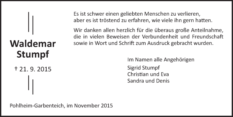  Traueranzeige für Waldemar Stumpf vom 10.11.2015 aus  Gießener Anzeiger