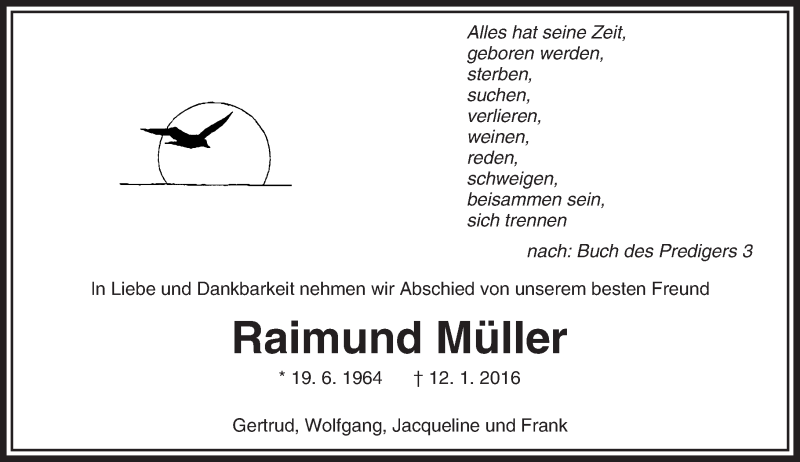  Traueranzeige für Raimund Müller vom 21.01.2016 aus  Camberger Anzeiger