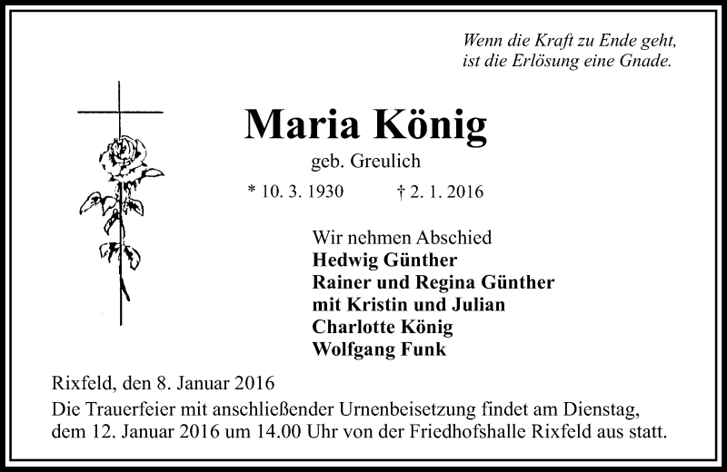  Traueranzeige für Maria König vom 08.01.2016 aus VRM Trauer