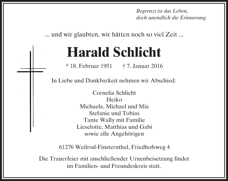  Traueranzeige für Harald Schlicht vom 13.01.2016 aus  Usinger Anzeiger