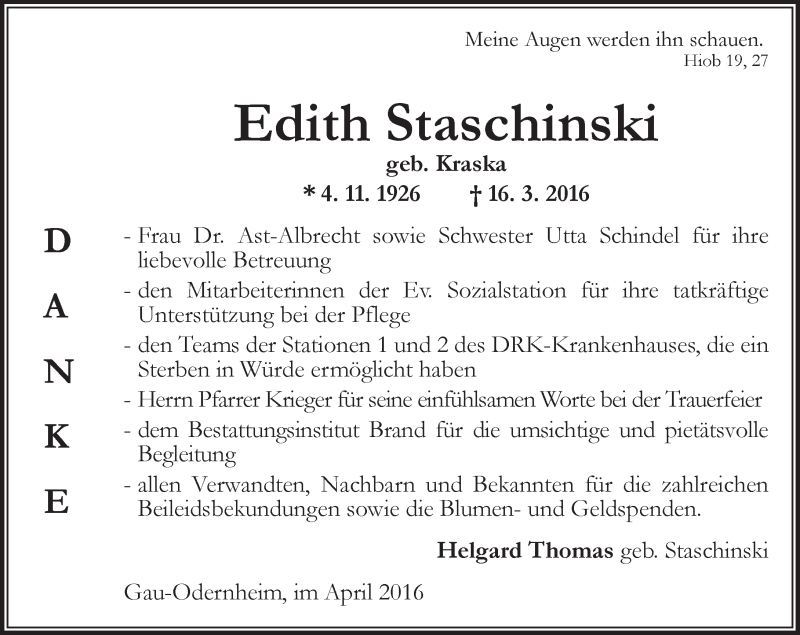  Traueranzeige für Edith Staschinski vom 23.04.2016 aus  Allgemeine Zeitung Alzey