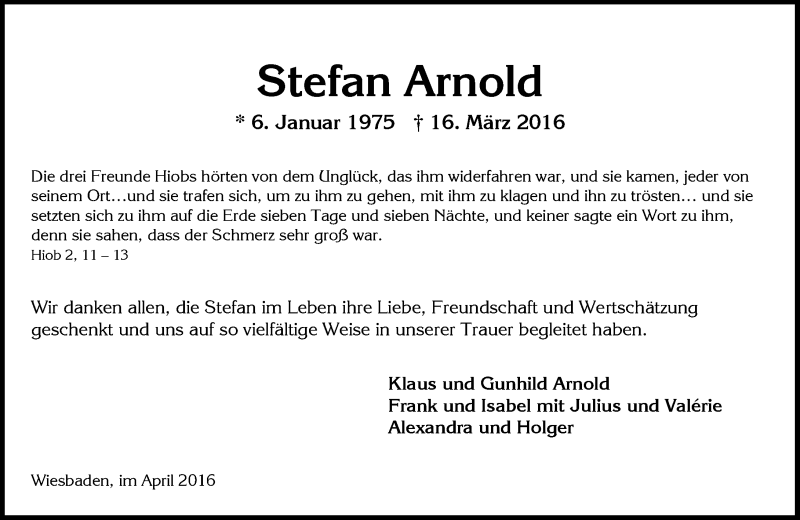  Traueranzeige für Stefan Arnold vom 09.04.2016 aus  Wiesbaden komplett