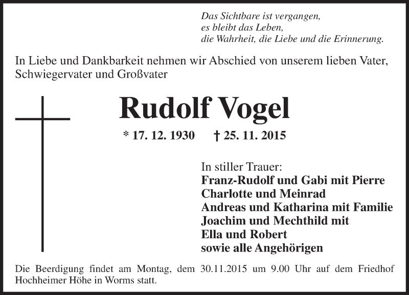  Traueranzeige für Rudolf Vogel vom 28.11.2015 aus  Wormser Zeitung