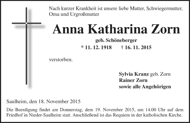  Traueranzeige für Anna Katharina Zorn vom 18.11.2015 aus  Allgemeine Zeitung Alzey