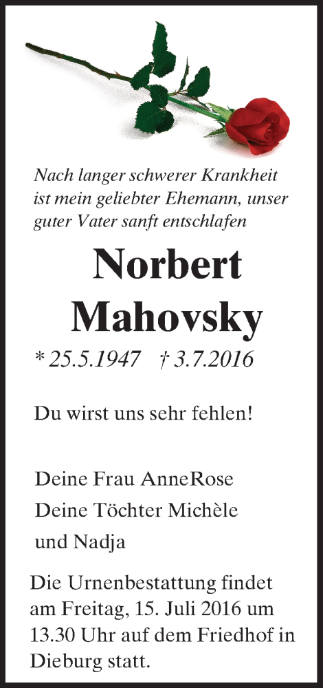  Traueranzeige für Norbert Mahovsky vom 08.07.2016 aus Trauerportal Echo Online