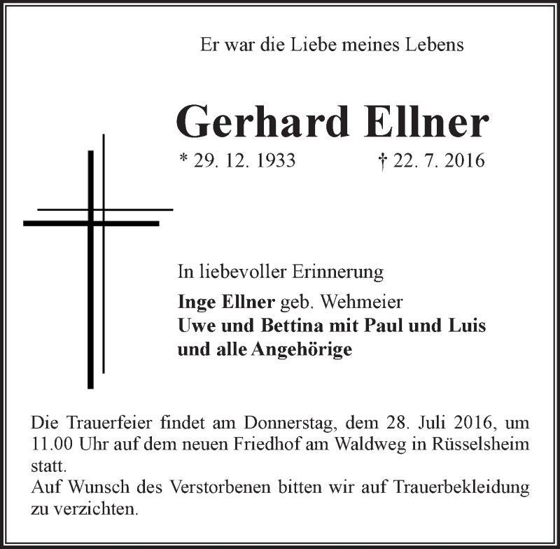  Traueranzeige für Gerhard Ellner vom 26.07.2016 aus Trauerportal Rhein Main Presse