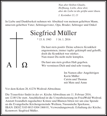 Traueranzeige von Siegfried Müller von  Usinger Anzeiger