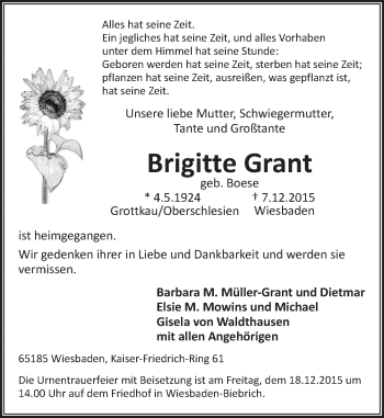 Traueranzeige von Brigitte Grant von  Wiesbaden komplett