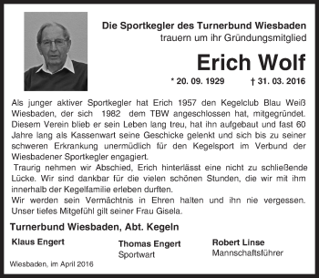 Traueranzeige von Erich Wolf von trauer.rmp.de