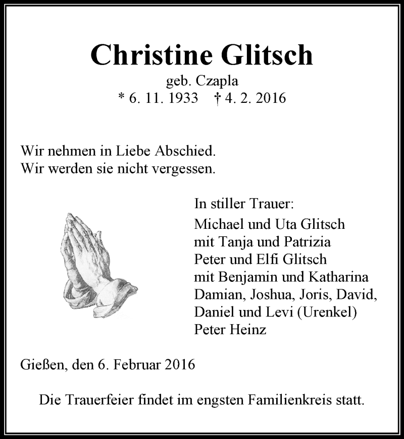  Traueranzeige für Christine Glitsch vom 06.02.2016 aus  Gießener Anzeiger