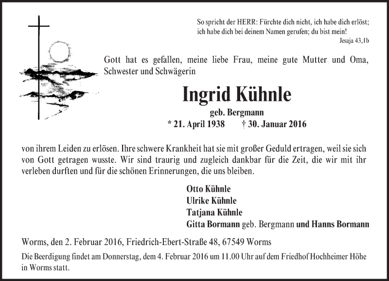  Traueranzeige für Ingrid Kühnle vom 02.02.2016 aus  Wormser Zeitung