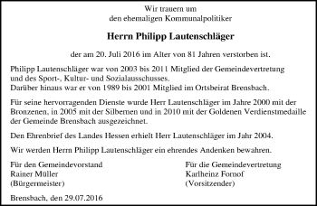 Traueranzeige von Philipp Lautenschläger von Trauerportal Echo Online
