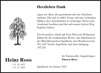Traueranzeige von Heinz Roos von  Allgemeine  Zeitung Ingelheim-Bingen