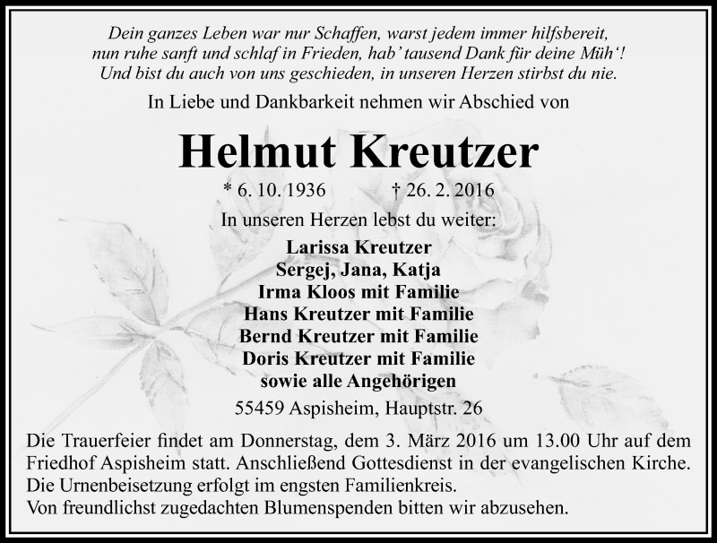  Traueranzeige für Helmut Kreutzer vom 29.02.2016 aus  Allgemeine  Zeitung Ingelheim-Bingen