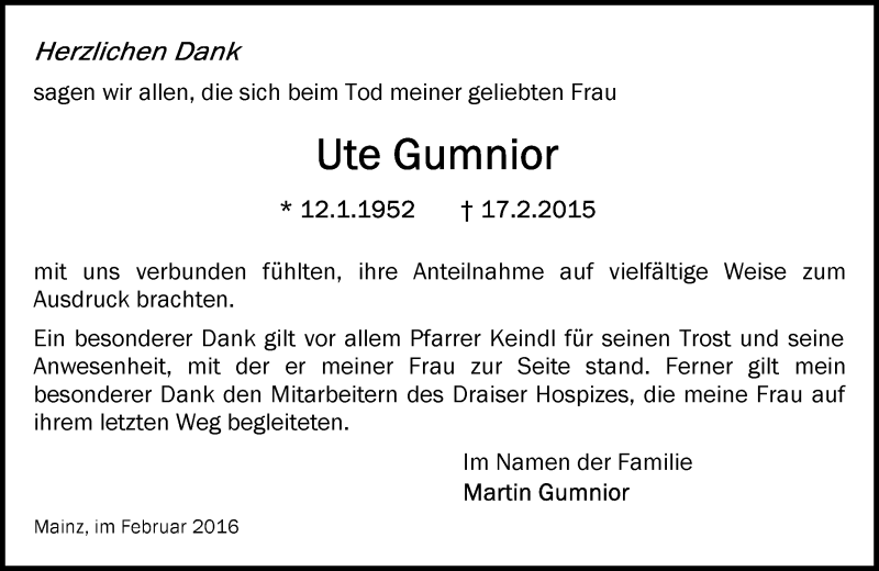  Traueranzeige für Ute Gumnior vom 27.02.2016 aus  Allgemeine Zeitung Mainz