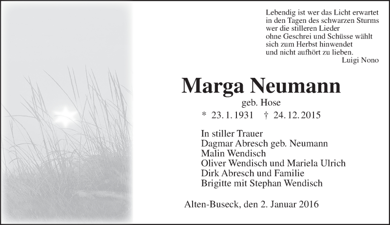  Traueranzeige für Marga Neumann vom 02.01.2016 aus  Gießener Anzeiger