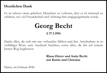 Traueranzeige von Georg Becht von  Allgemeine Zeitung Mainz