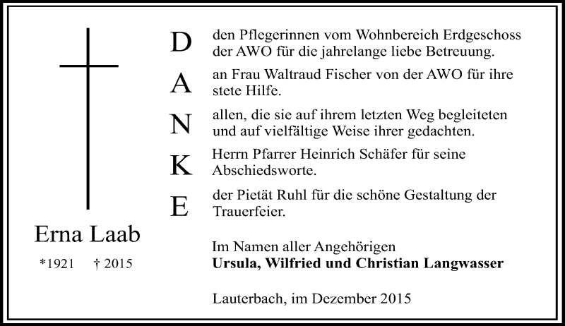  Traueranzeige für Erna Laab vom 12.12.2015 aus VRM Trauer