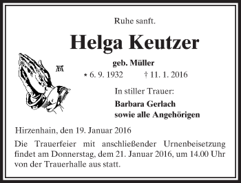 Traueranzeige von Helga Keutzer von  Kreisanzeiger