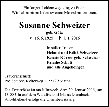Traueranzeige von Susanne Schweizer von  Allgemeine Zeitung Mainz