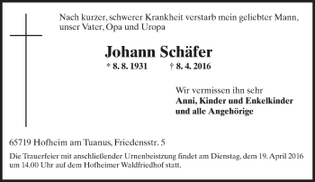 Traueranzeige von Johann Schäfer von  Hofheimer Zeitung