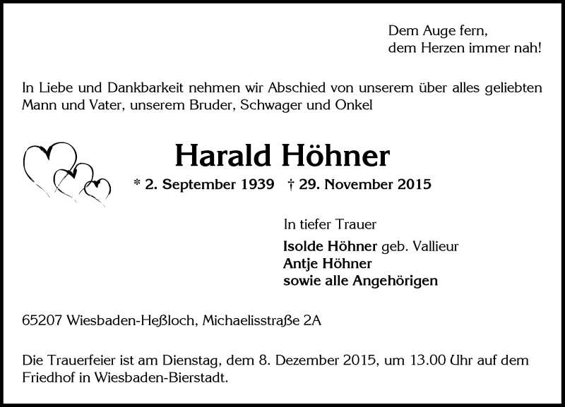  Traueranzeige für Harald Höhner vom 05.12.2015 aus  Wiesbaden komplett