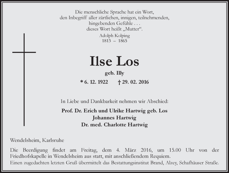  Traueranzeige für Ilse Los vom 02.03.2016 aus  Allgemeine Zeitung Alzey