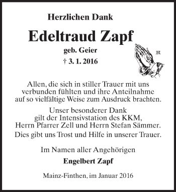 Traueranzeige von Edeltraud Zapf von  Allgemeine Zeitung Mainz