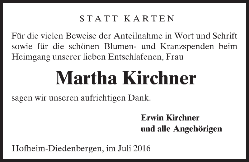  Traueranzeige für Martha Kirchner vom 19.07.2016 aus Trauerportal Rhein Main Presse