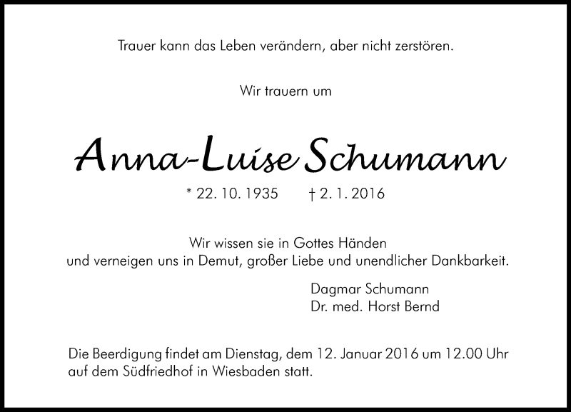  Traueranzeige für Annna-Luise Schumann vom 09.01.2016 aus  Wiesbaden komplett