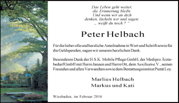 Traueranzeige von Peter Helbach von  Wiesbaden komplett