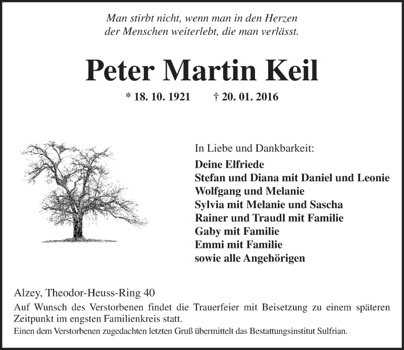  Traueranzeige für Peter Martin Keil vom 23.01.2016 aus  Allgemeine Zeitung Alzey