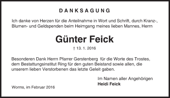Traueranzeige von Günter Feick von  Wormser Zeitung