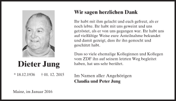 Traueranzeige von Dieter Jung von  Allgemeine Zeitung Mainz