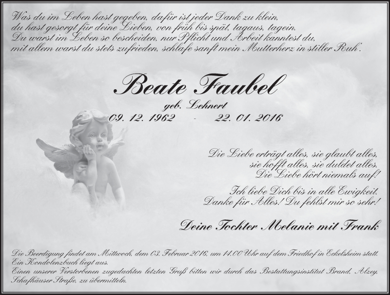  Traueranzeige für Beate Faubel vom 30.01.2016 aus  Allgemeine Zeitung Alzey