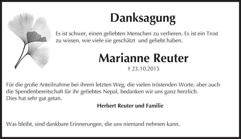  Traueranzeige für Marianne Reuter vom 21.11.2015 aus  Allgemeine Zeitung Mainz